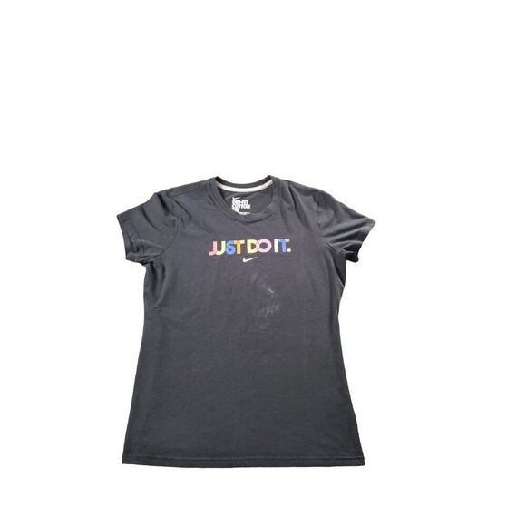 Nike Dri-Fit Cotton Tshirt Women Sz L Just Do It Graphic Print Black Casual Spor - Picture 1 of 7
